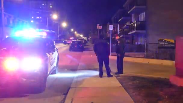 Police Officers Sidewalk Next Vehicle Emergency Lights Crime Scene Night — Stock Video