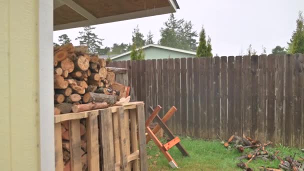 Generic Residence Firewood Wooden Fence Gloomy Rainy Day — Stockvideo