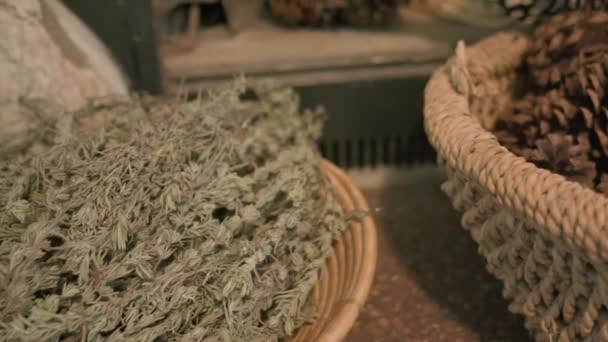 Heap Pine Cones Dried Herbs Front Fireplace — Stockvideo