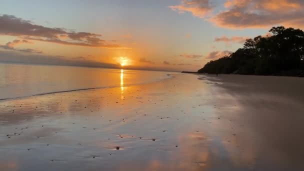 Sunrise Pov Walk Beach Small Waves Pebbles Sand — Stockvideo