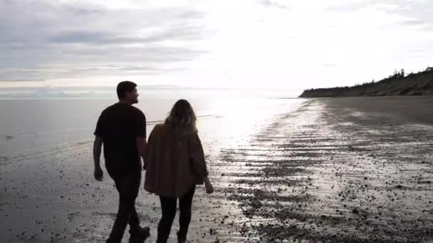 アラスカ州ケナイのビーチを歩くカップル — ストック動画