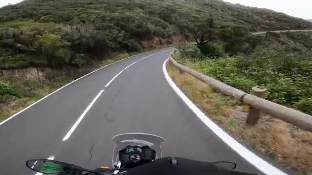 Motorcycle Driving Empty Roads Mountains Pov Nature Greenery Anaga Tenerife — 비디오