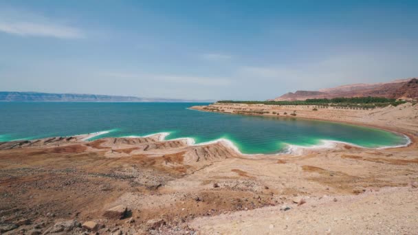 Dead Sea Salt Coastline Jordan Close Israel Border Clear Blue — ストック動画