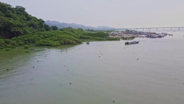 Plan Aérien Dynamique Depuis Mer Vers Village Pêcheurs Lau Fau — Video