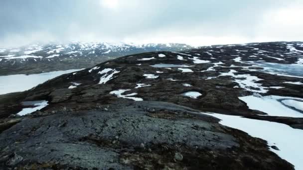 Aerial Flying Rocky Snowy Landscapes Middalen Glacier Background Norway Dolly — Video Stock