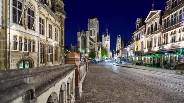 Ghent Noite Timelapse Mostrando Principal Rua Histórica Igreja Bélgica — Vídeo de Stock