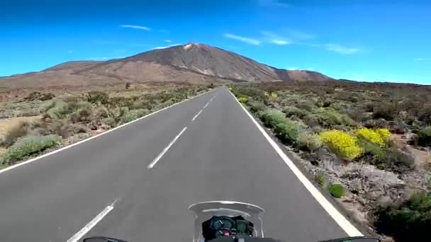 Motorcycle Driving Empty Road Mountains Pov Nature Volcano View Teide — Vídeo de Stock