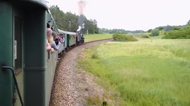 People Peering Out Windows Moving Steam Train First Person View — Stock Video