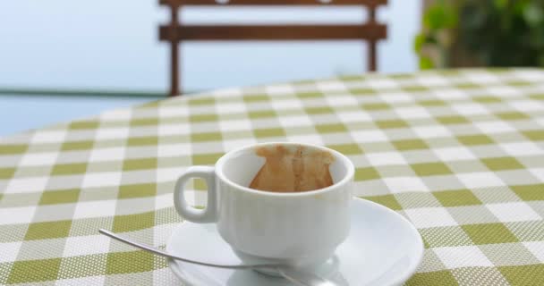 Empty Used Expresso Cup Drinking Colorful Yellow Tablecloth Cafe — Vídeo de Stock