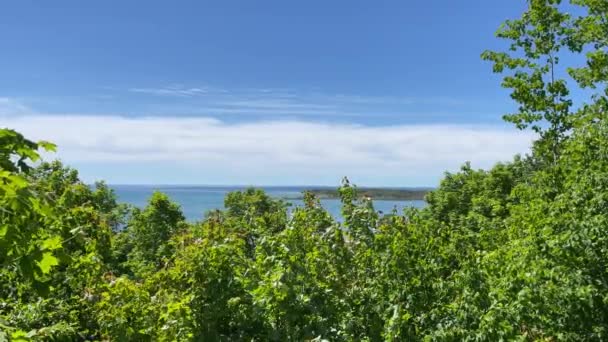 Jezioro Michigan Coast View Drzewami Michigan Jasny Dzień Chmury Błękitne — Wideo stockowe