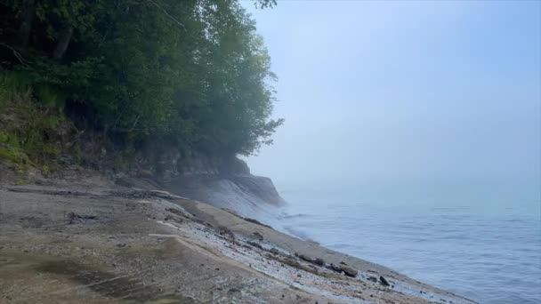 Timelapse Rocky Coastline Calm Waves Foggy Day Lake Superior Trees — Stock Video