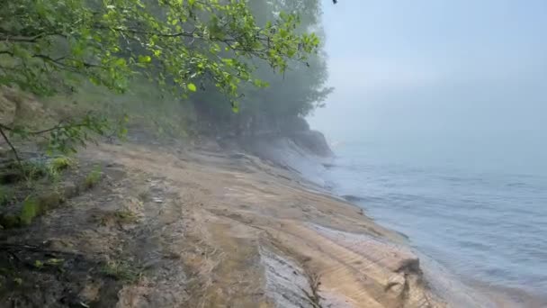 Изображенные Скалы Береговой Линии Туманном Дне Озера Верхние Деревья Скалы — стоковое видео