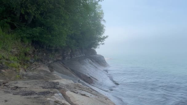 Rocky Coast Foggy Day Trees Munising Michigan Lake Superior Pictured — Αρχείο Βίντεο