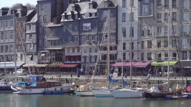 Facade Medieval Buildings Moored Boats Harbor Honfleur City Normandy Region — Stockvideo