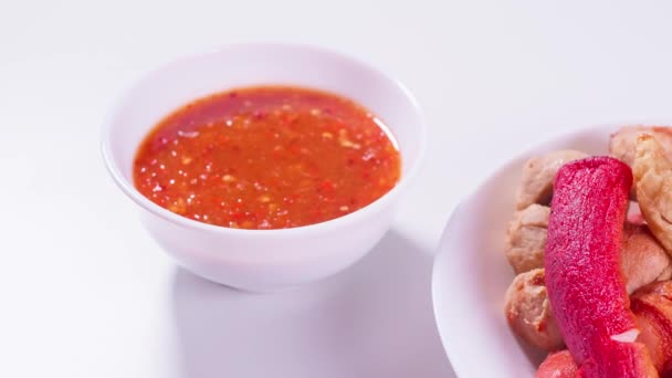 Fried Meatballs Dipping Sauce White Background Asian Food Daily Style — Wideo stockowe