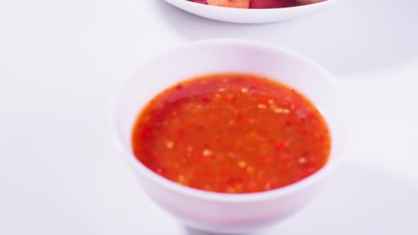 Fried Meatballs Dipping Sauce White Background Asian Food Daily Style — Wideo stockowe