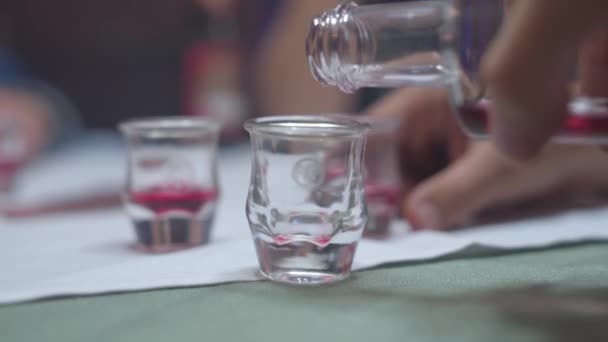 Close Tyrolean Red Schnaps Being Poured Small Glass Bottle Table — Vídeo de Stock