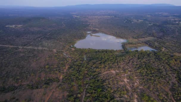 Vista Aérea Ampla Sobre Lago Selva Africana Oásis Savana — Vídeo de Stock