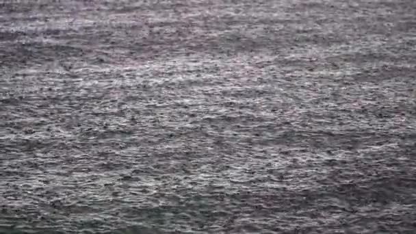 Gotas Lluvia Cayendo Sobre Océano Tranquilo Profundo Tiro Medio Estático — Vídeo de stock