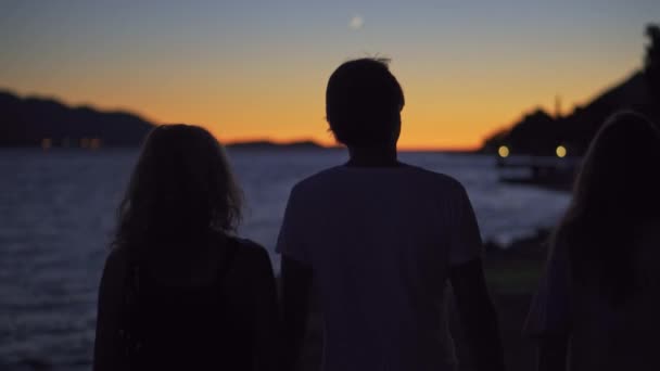 Silhouetted People Walking Seashore Dusk Summertime Selective Focus — Stock Video