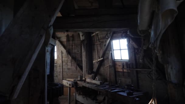 Wood Workshop Old Dark Wooden Windmill Lit Natural Light Window — Video Stock