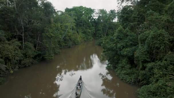 Ascending Aerial View Showing People Sitting Kayak Boat Cruising Amazon — Stock Video