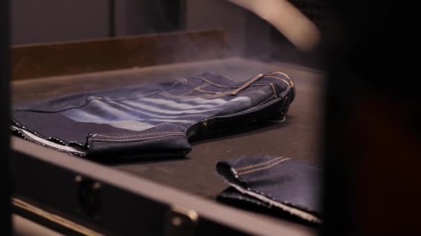 Close Shot Machine Printing Design Jeans Stunning Slow Motion Close — Stockvideo