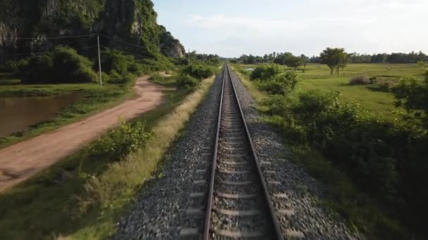 Vía Férrea Recta Vía Estrecha Ancho Viaja Una Perspectiva Punto — Vídeo de stock