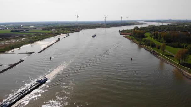 Aerial View Oude Maas Ships Navigating Still Wind Turbine Riverside — Stok Video