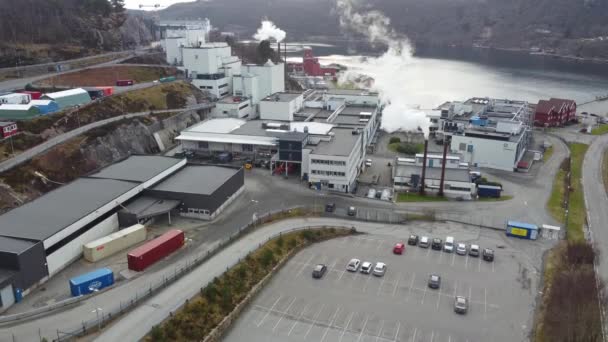 Healthcare Production Facilities Lindesnes Norway Ascending Aerial Revealing Huge Factory — Stock Video