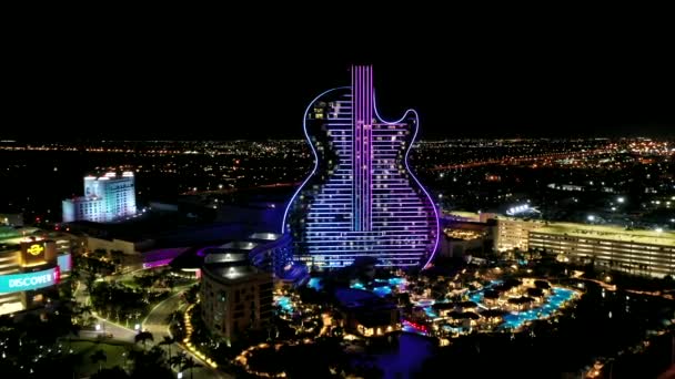 Aerial View Famous Seminole Hard Rock Hotel Casino Night Hollywood — ストック動画