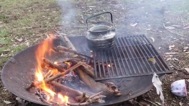 Tradtional Australian Billy Tea Pot Boiling Camp Fire Out Bush — Vídeo de stock