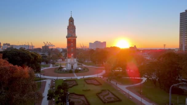 Beautiful Sunrise Scene Historic Torre Monumental Buenos Aires Aerial — 비디오