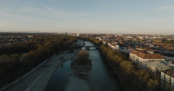 Isar River Munich Cityscape Aerial View Afternoon Light Germany Drone — Stock video