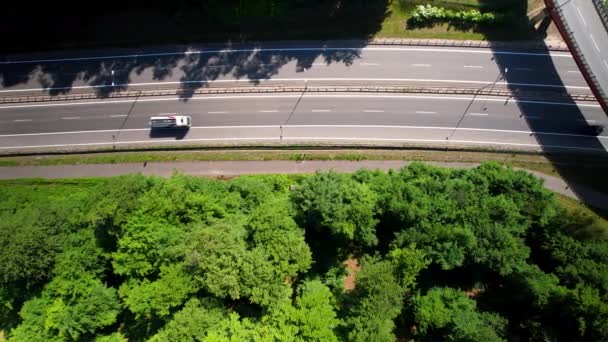 Top Aerial Cars Trucks Driving Highway Sunny Day Trees — Video Stock
