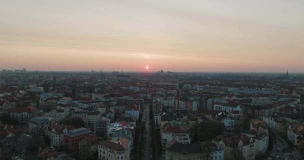 European Cityscape Aerial Flyover Munich Urban Buildings Sunset Drone — 비디오