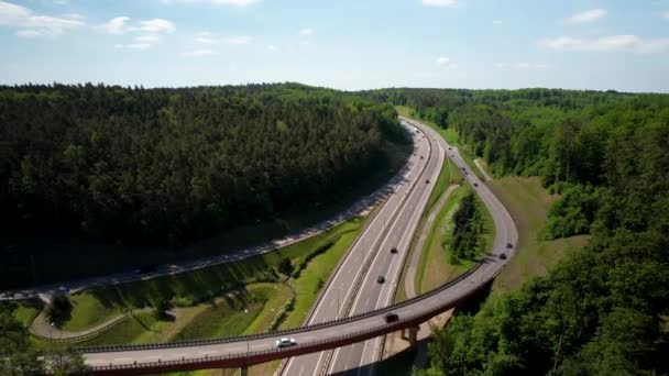 Ascending Aerial View Cars Driving New Asphalt Route Surrounded Forest — Stock Video