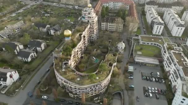 Orbit Flyover Aerial Famous Colorful Landmark Forest Spiral Hundertwasser House — Stockvideo