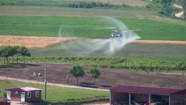 Landbouwwerkzaamheden Helikopter Sproeien Boven Wijngaard Veld Bestrijdingsmiddel Een Boerderij Ongediertebestrijding — Stockvideo