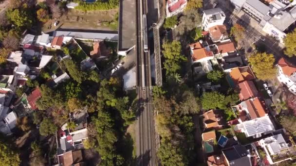 Aerial Top Shot Train Driving Railway Sunny Day Buenos Aires — Videoclip de stoc