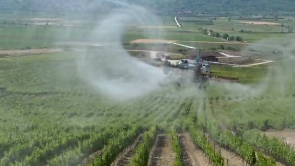 Trabajos Agrícolas Pulverización Helicópteros Sobre Campo Viñedos Pesticida Campo Granja — Vídeos de Stock