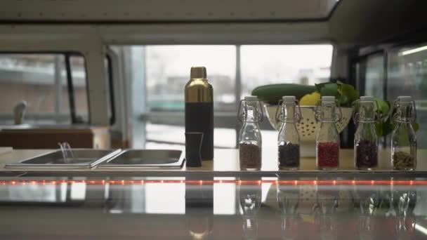 Slow Motion Horizontal Slide Bar Bottles Standing Bar Counter — Stockvideo