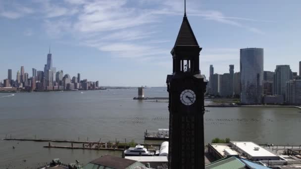 Aerial View Lackwana Tower Hoboken Terminal Revealing Coast New Jersey — Stock Video