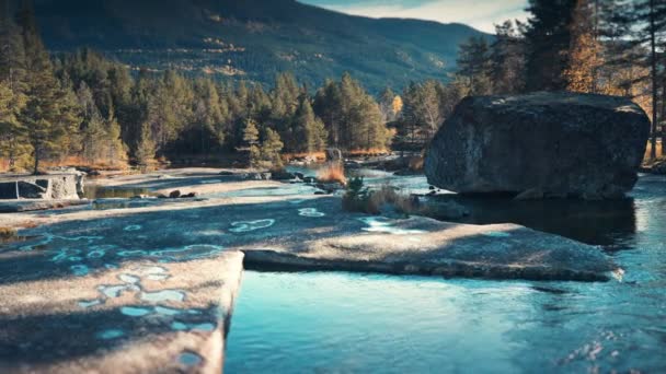 Shallow Otra River Flows Rocky Riverbed Carved Glaciers Slow Motion — Stock Video