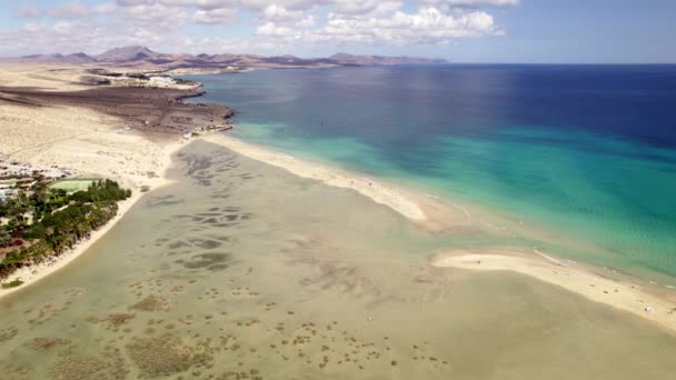 Stunning Aerial Drone Shot Sunny Playa Sotavento Janda Fuerteventura Beach — Stockvideo