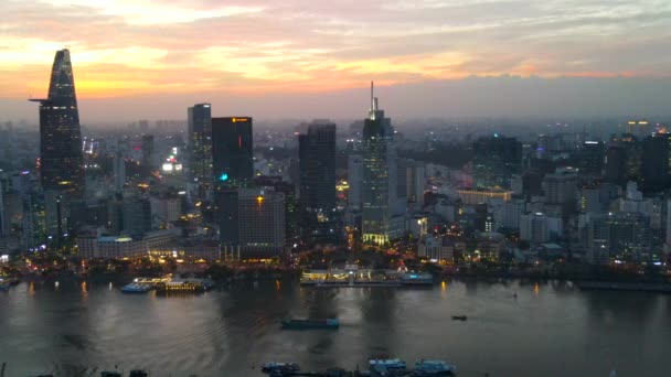 Avondzicht Vanuit Lucht Downtown Chi Minh City Vietnam Stadsgezicht Panoramische — Stockvideo