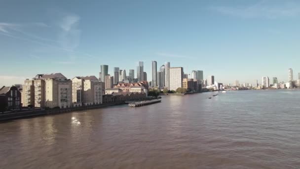Pôr Sol Ângulo Largo Aéreo Dos Edifícios Canary Wharf Londres — Vídeo de Stock
