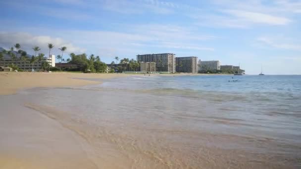 Låg Vinkel Skott Strandvågor Kraschar Stranden Solnedgången Med Utsikt Över — Stockvideo