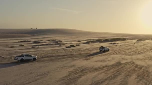 Drone Tracking Offroad Trucks Exploring Windy Desert Dunes Brazil Seashore — Stock video