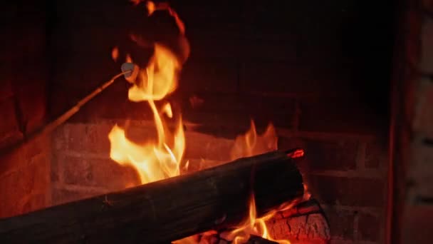 Dulce Delicioso Malvavisco Tostado Palo Madera Chimenea Del Hogar Movimiento — Vídeo de stock